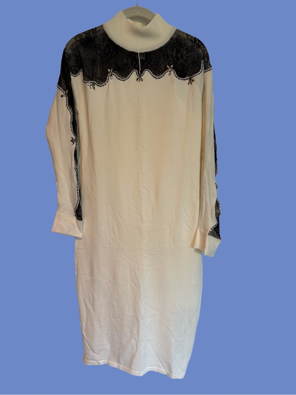 Venus Medium Cream LS Sweater with Black Lace Yoke and Rhinestone Detail